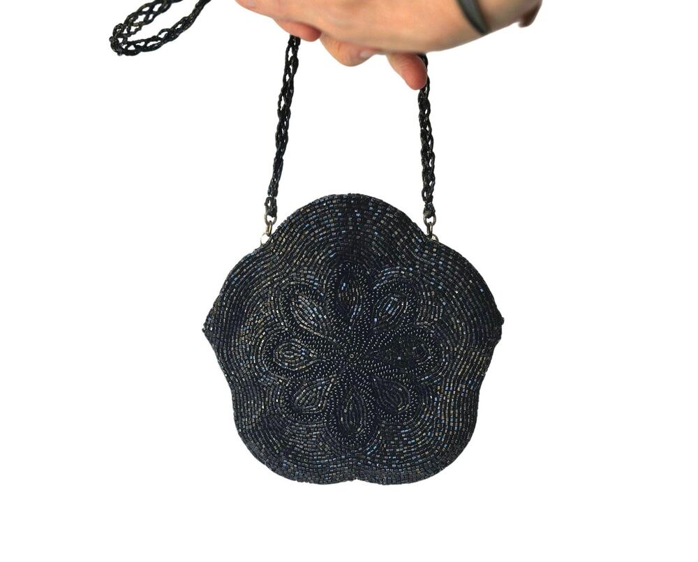 1970s Walborg Small Black Evening Bag Purse with Glass Beads & Kiss Lock Clasp